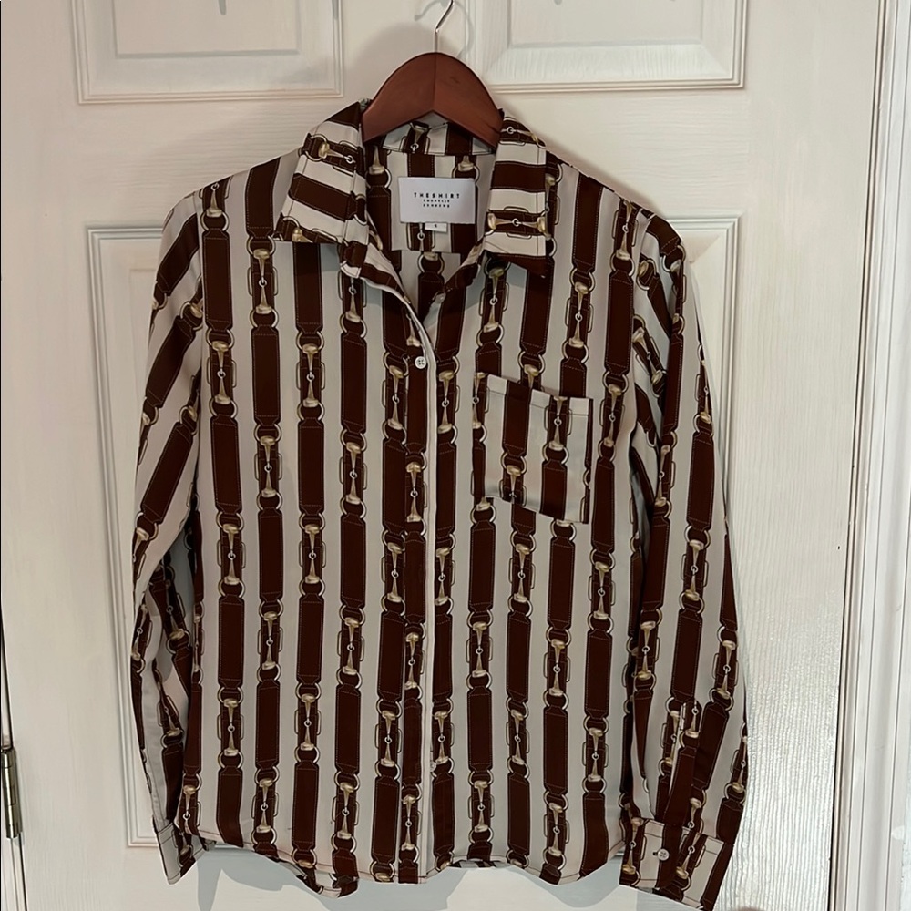 The Shirt by Rochelle Behrens Brown and White Casual Button Down Shirt